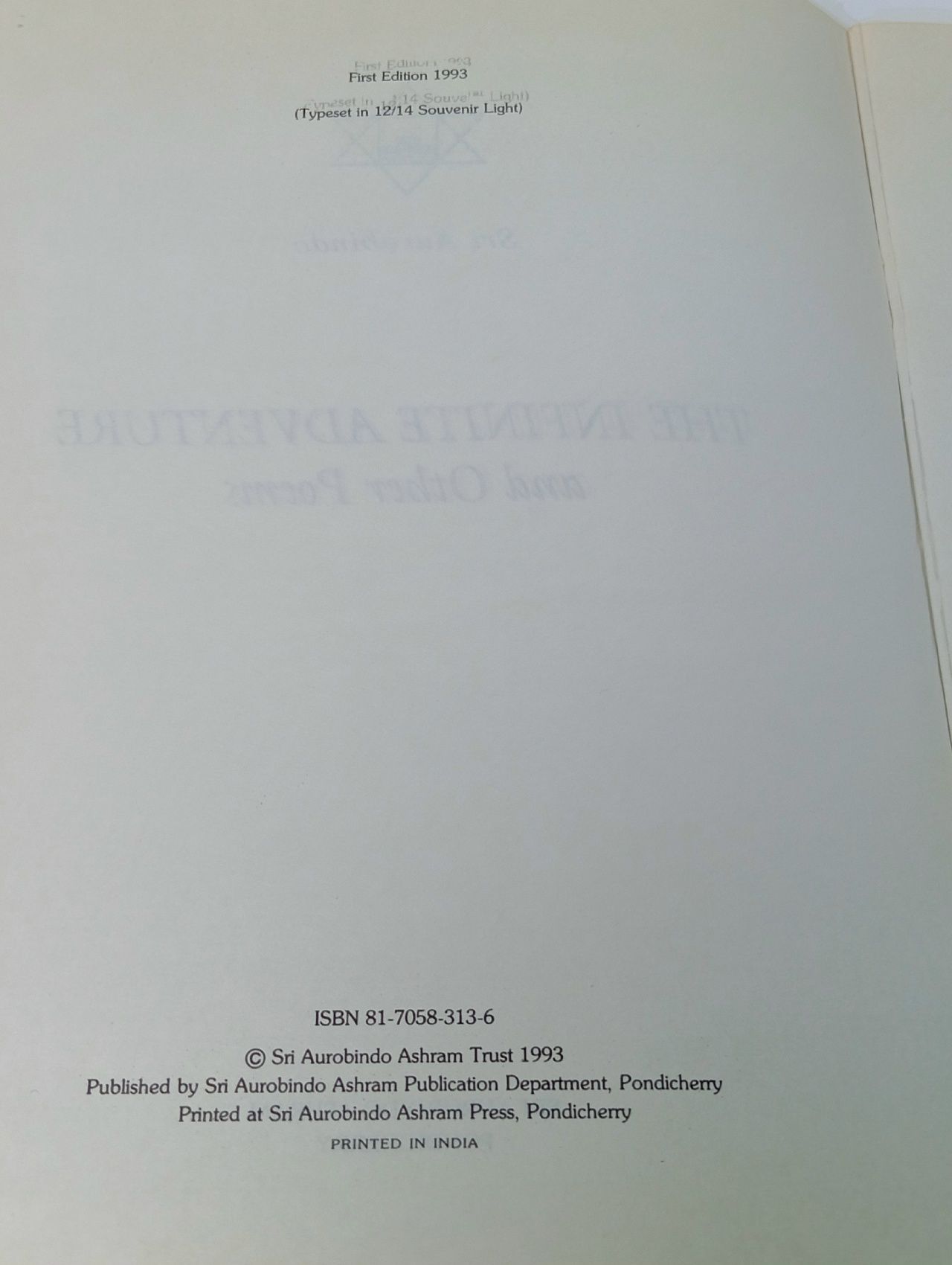 Sri Aurobindo THE INFINITE ADVENTURE and Other Poems