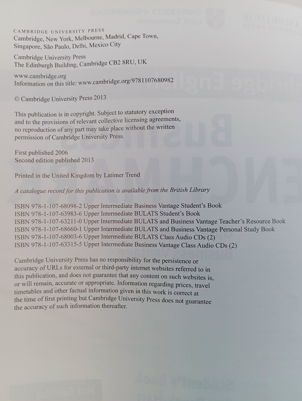 Business Benchmark Second edition Upper Intermediate Business Vantage Student' s Book. Guy Brook-Hart