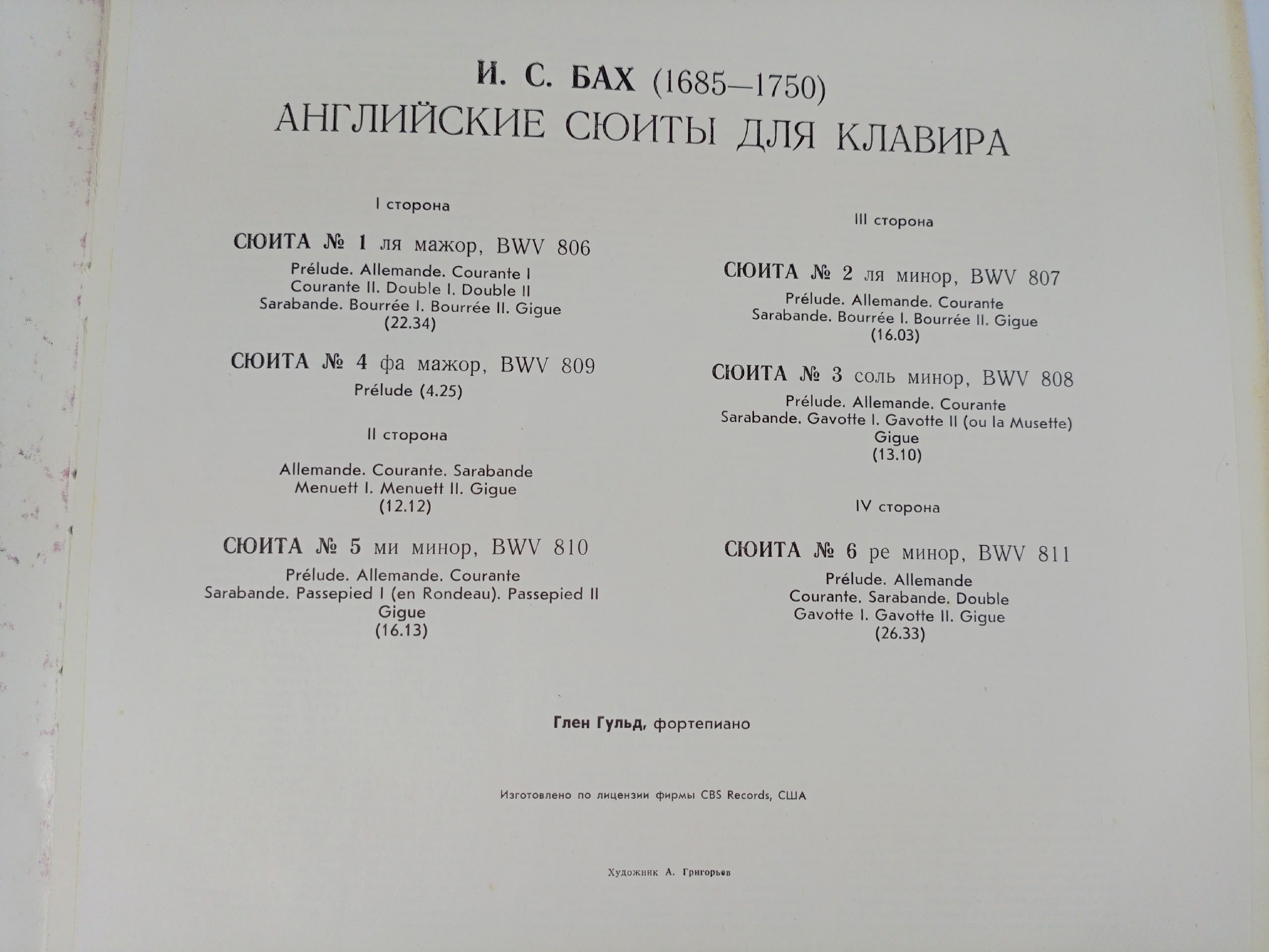 Виниловая пластинка Бах Глен Гульд Английские Сюиты