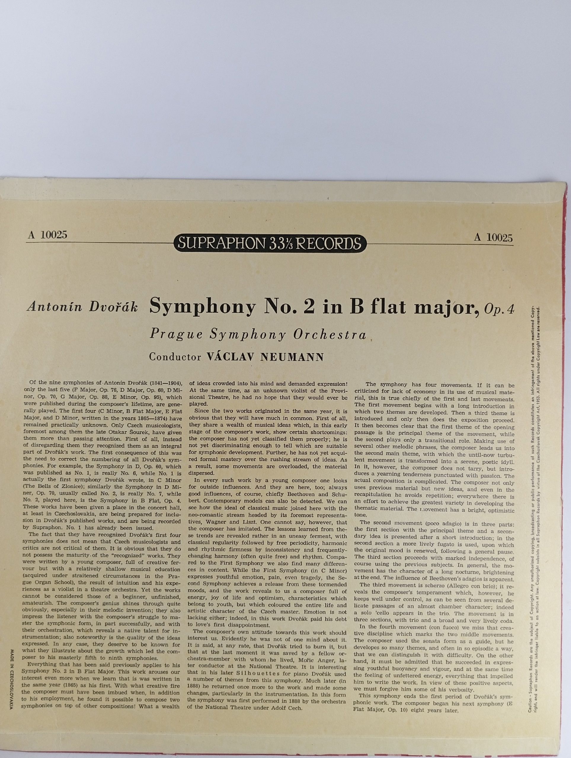 Symphony No.2 In B Flat Major Op. 4. Dvorak Antonin. Виниловая пластинка