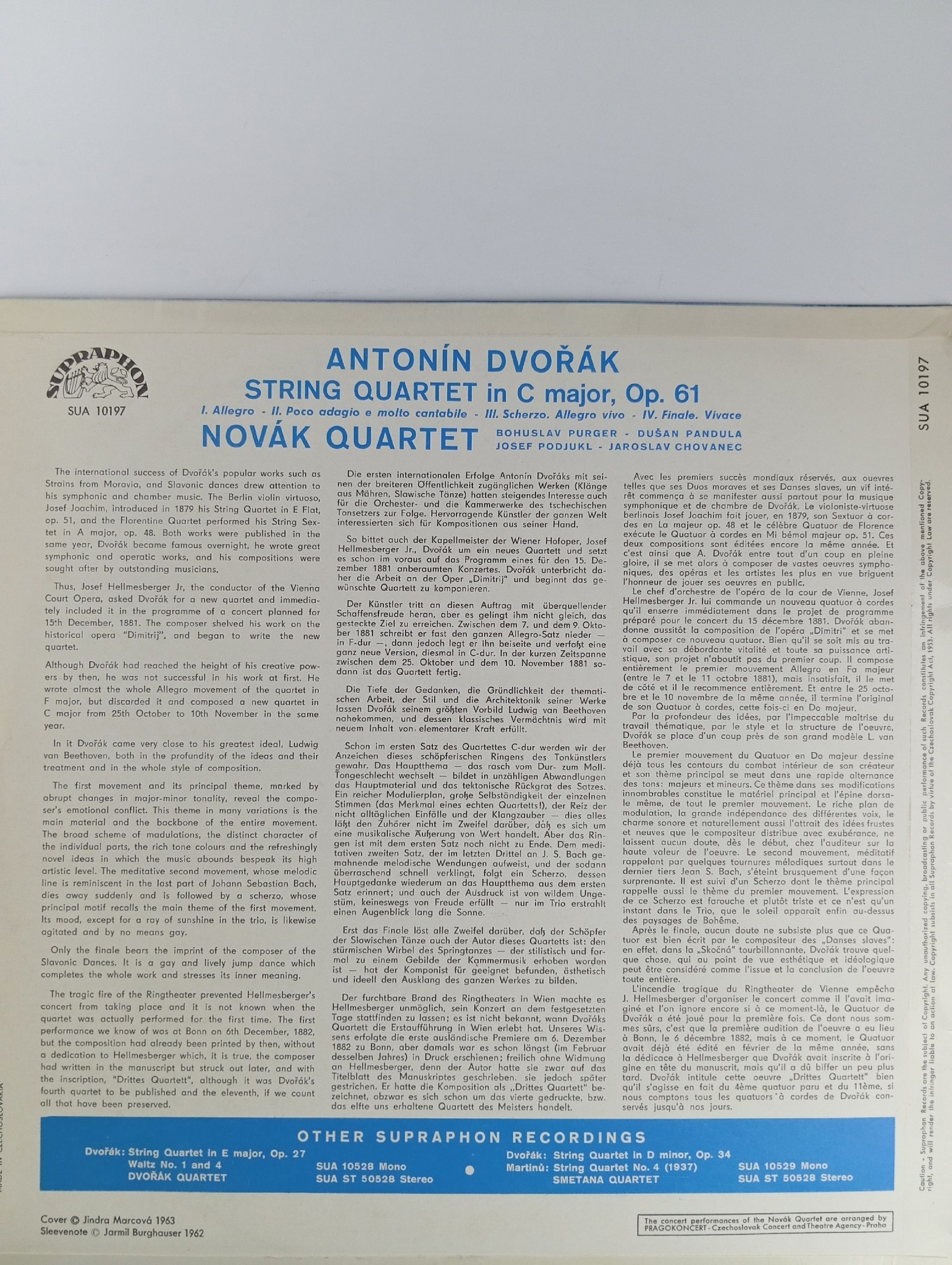 Dvorak, Novak Quartet String Quartet In C Major. Виниловая пластинка