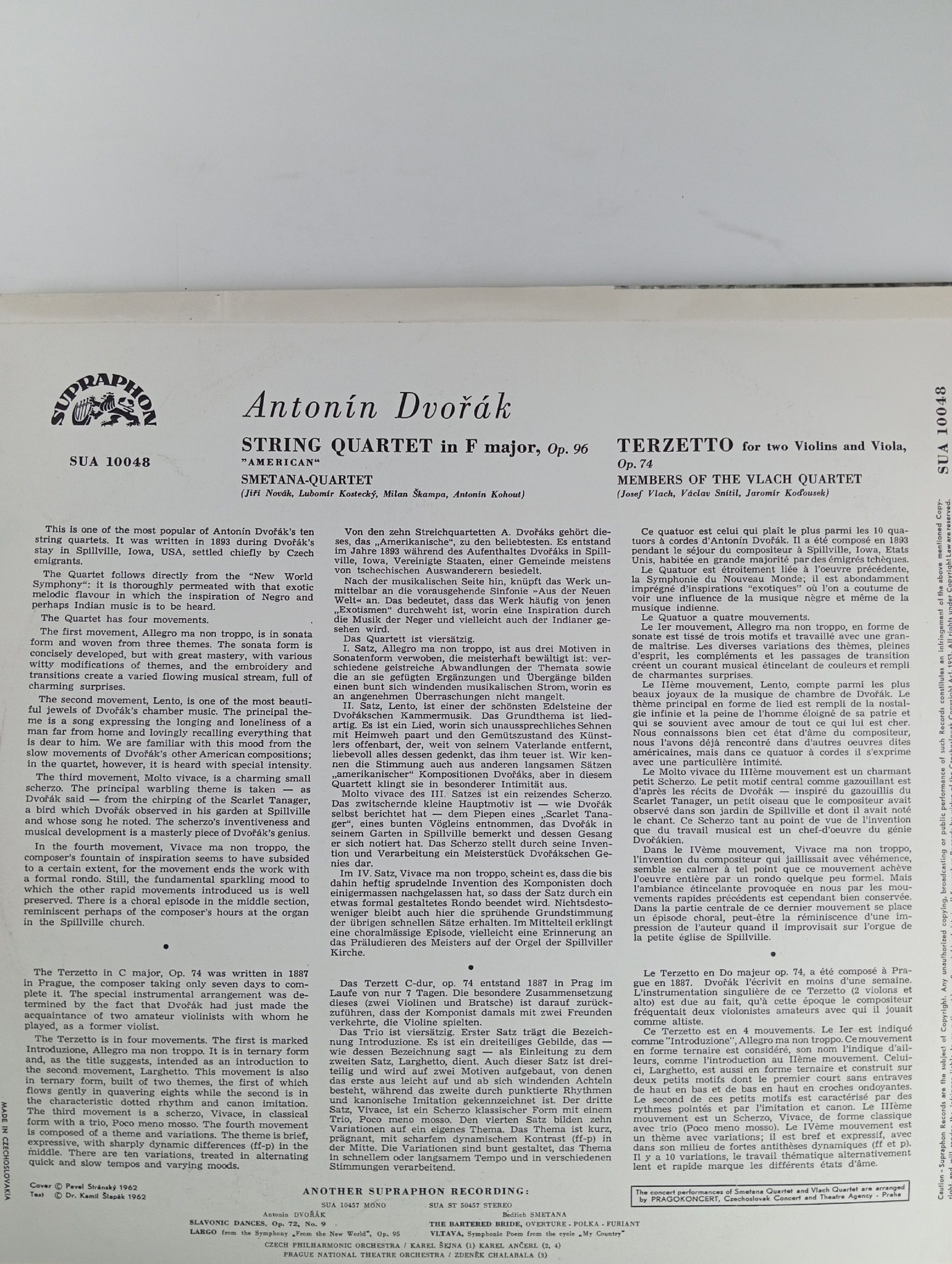 Dvorak, Smetana Quartet. Виниловая пластинка