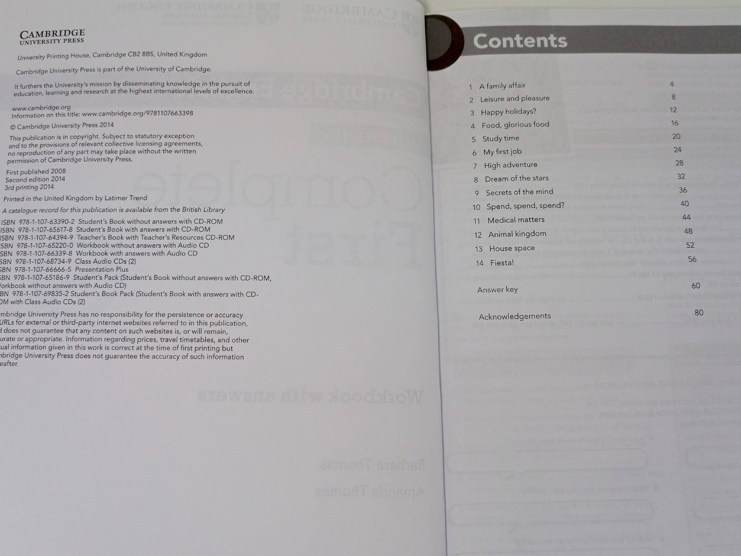 Complete First 2nd Ed Workbook with answers + AudioCD Thomas Amanda