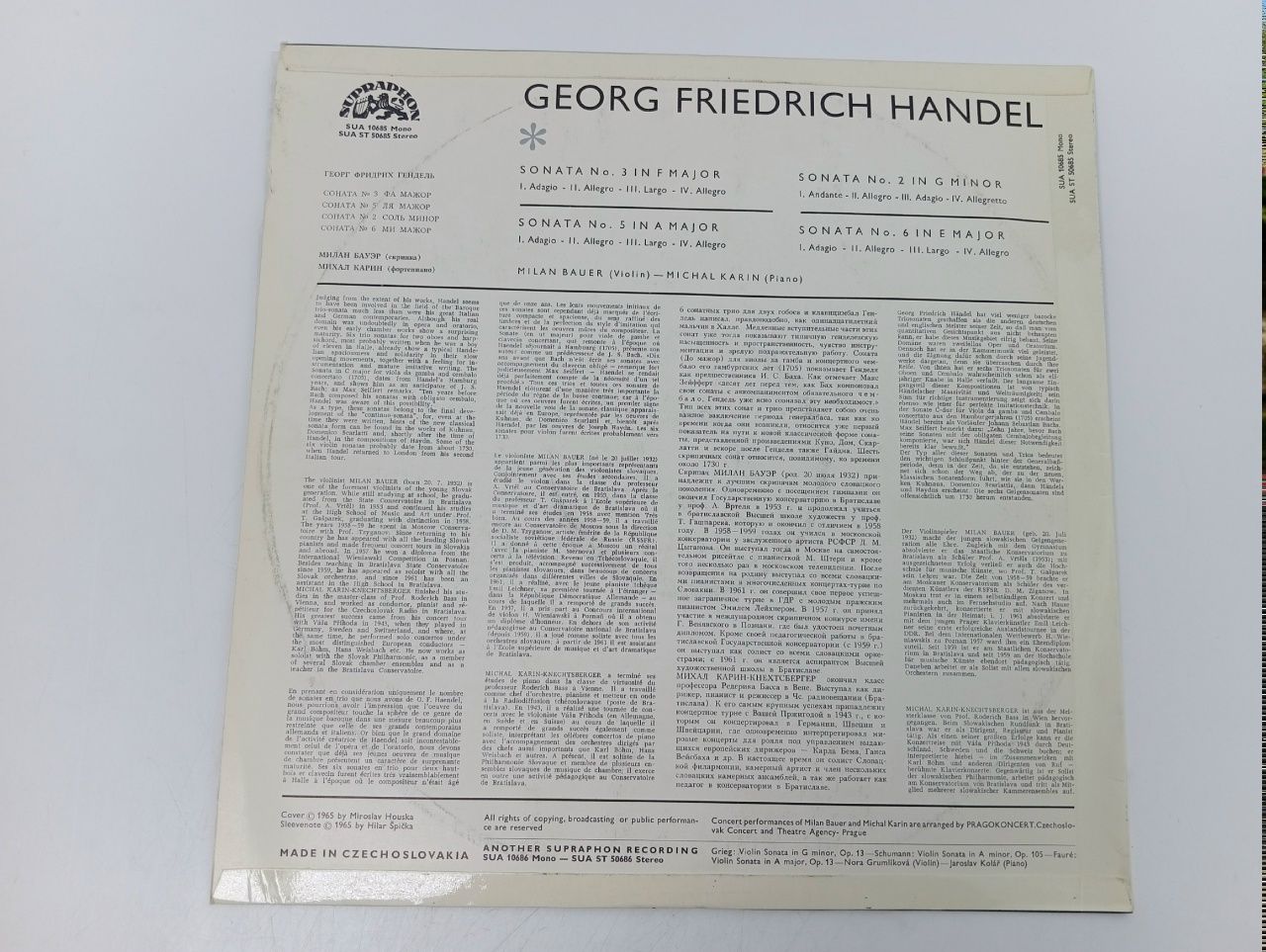 G.F. Handel Michal Karin, Milan Bauer Sonatas For Violin And Piano/виниловая пластинка