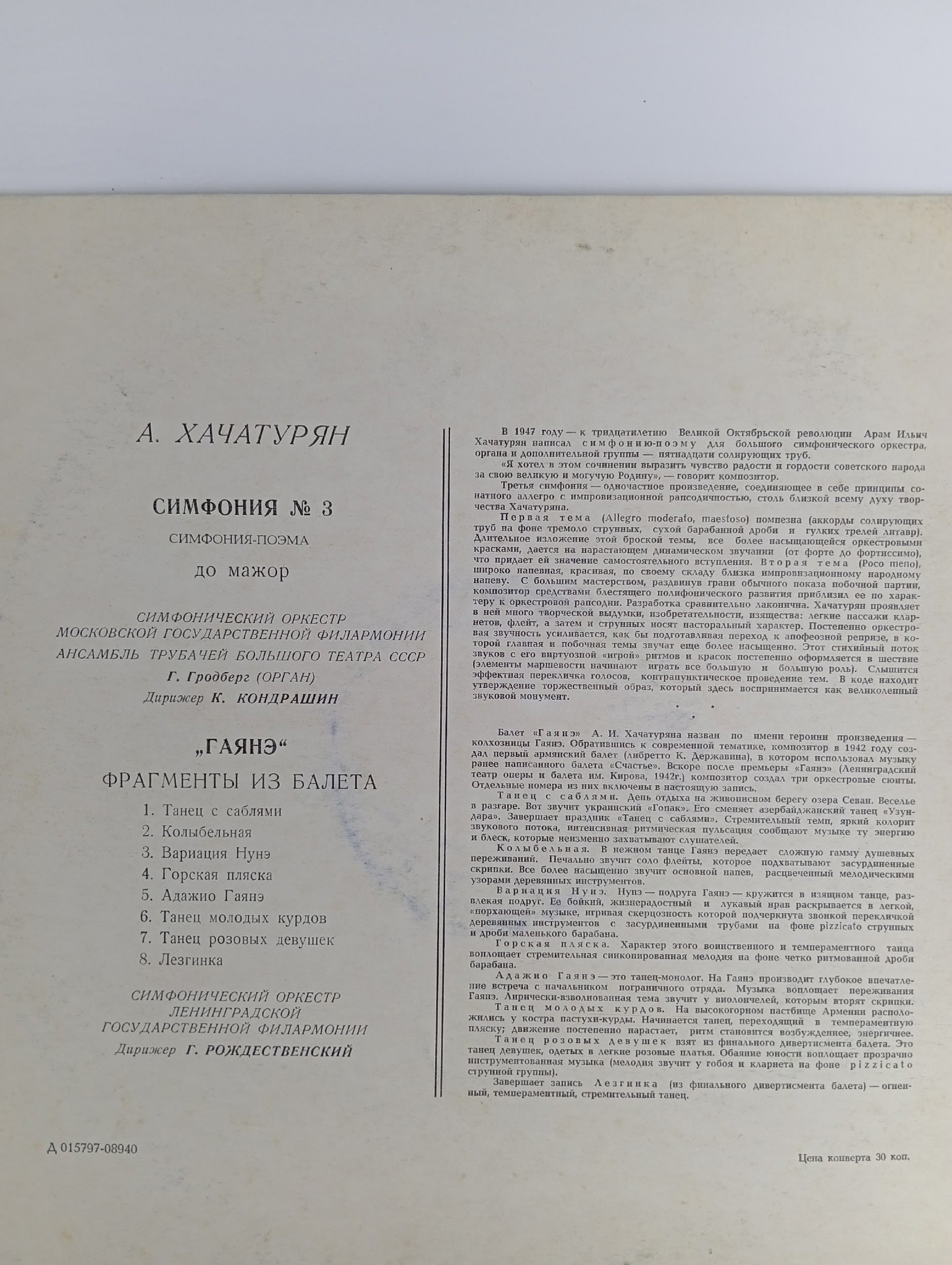 Виниловая пластника Арам Хачатурян Симфония № 3 - Гаянэ. Фрагменты Из Балета