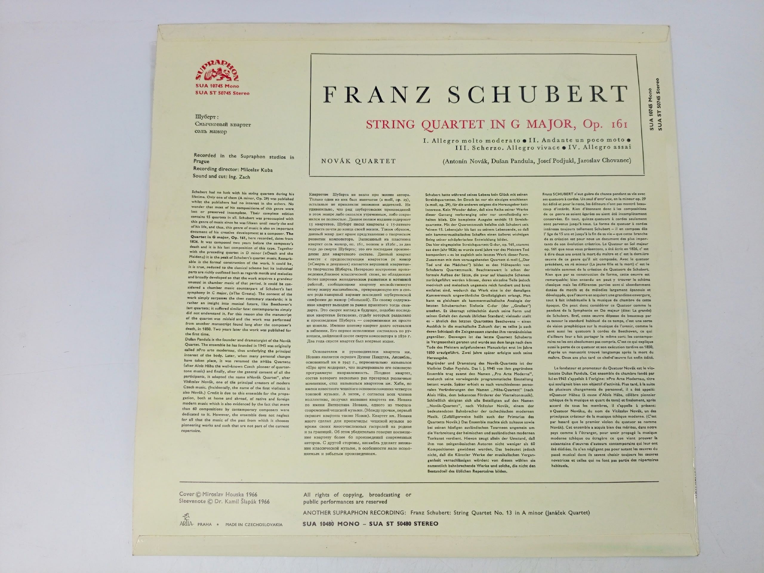 Виниловая пластинка F. Schubert - Novak Quartet - String Quartet In G Major, Op. 161