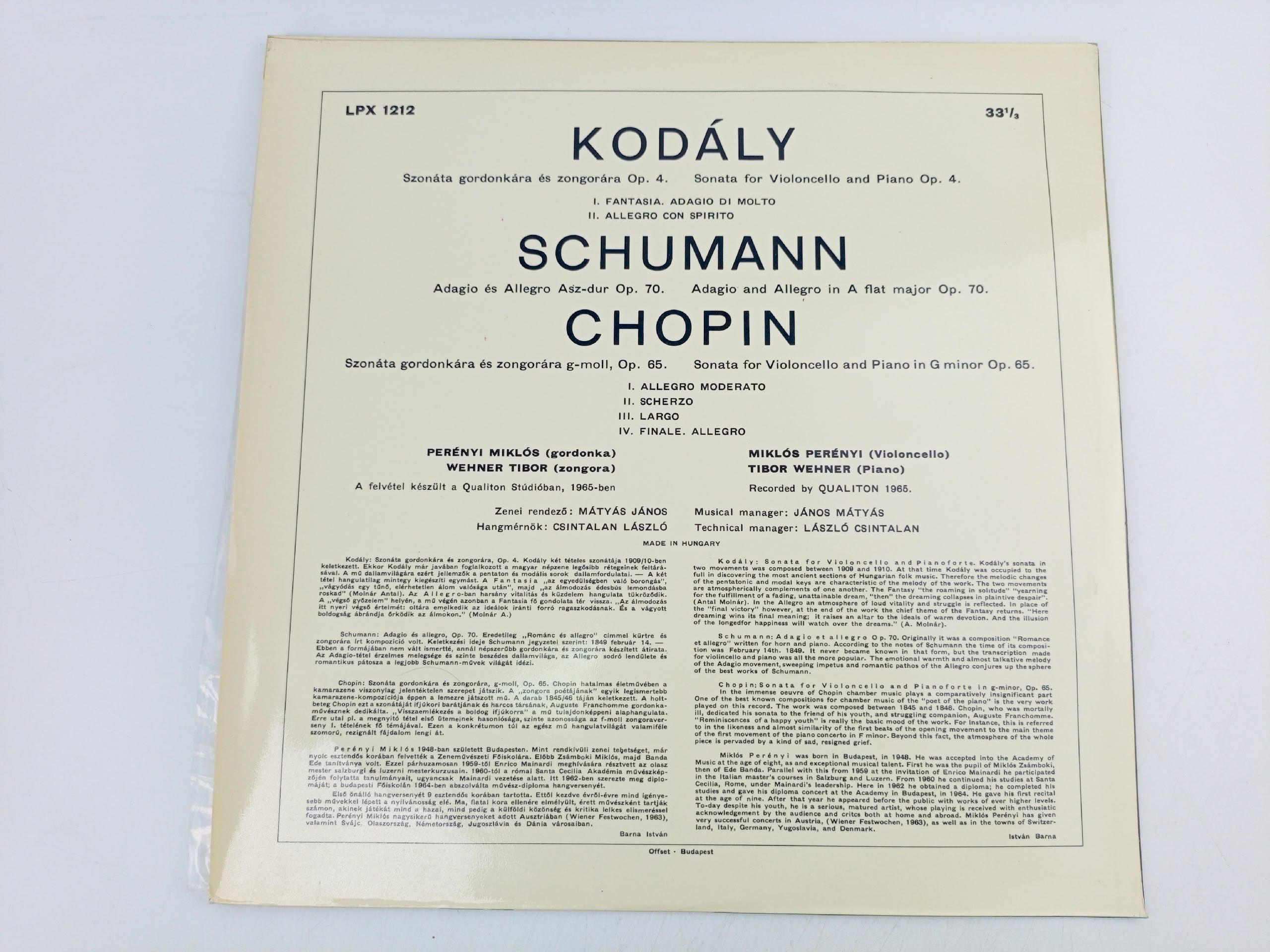 Виниловая пластинка Mikls Pernyi-Chopin / Schumann / Kodly Violoncello Recital