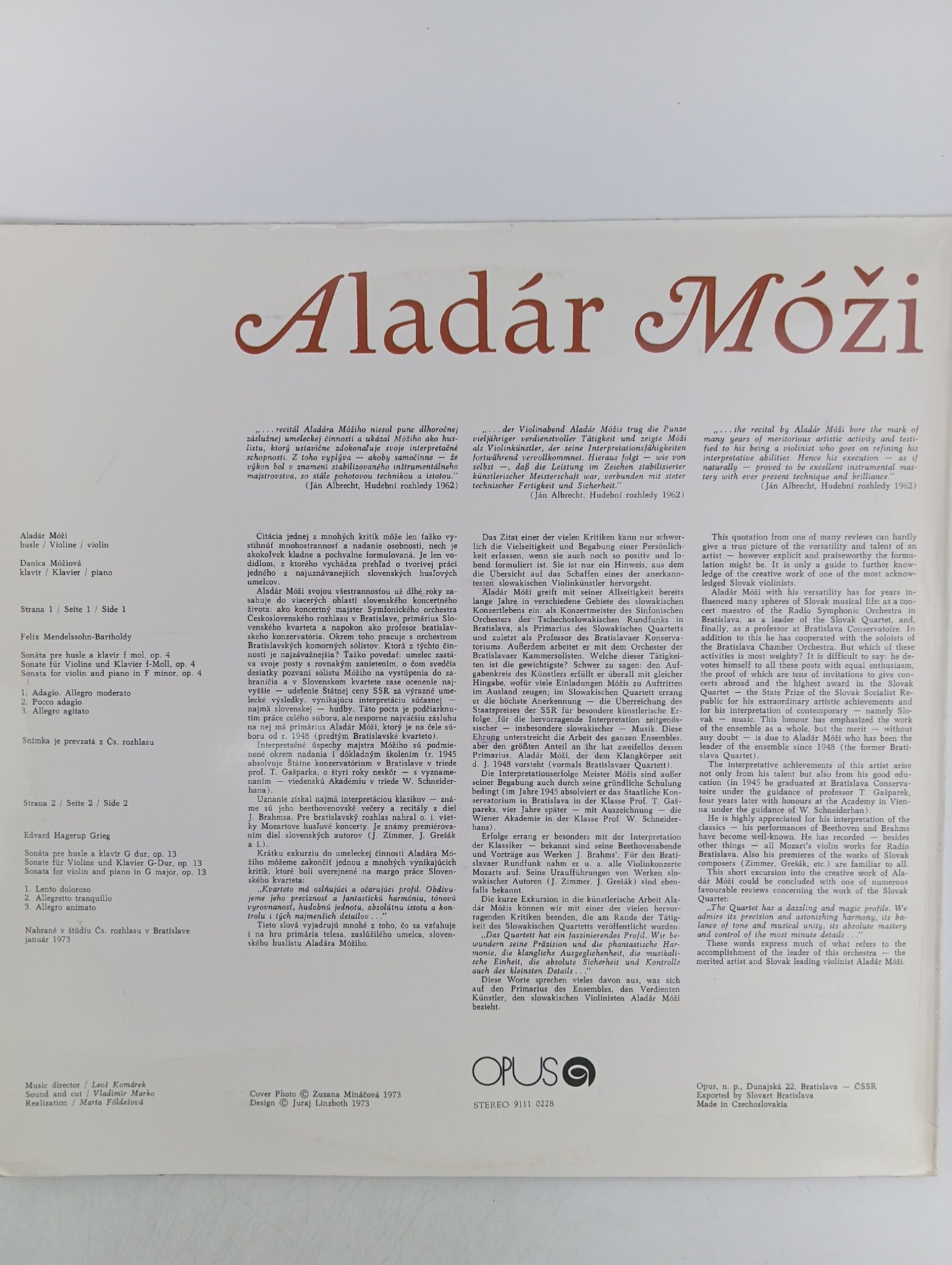 Виниловая пластинка Aladar Mozi, Mendelssohn/Grieg Sonata Pre Husle A Klavir F Mol Op. 4 / Sonata Pre Husle A Klavir G Dur Op. 14