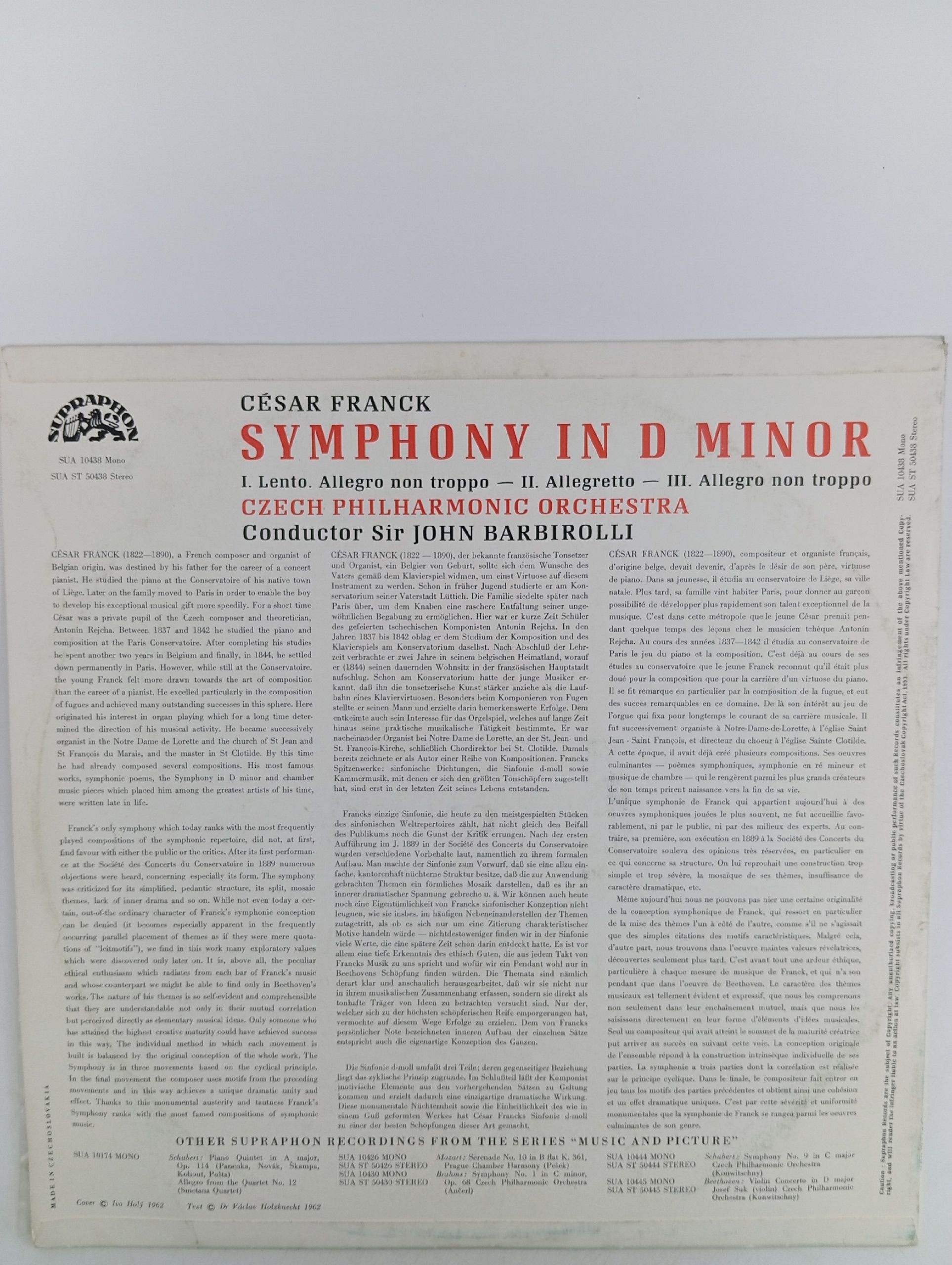 Виниловая пластинка Cesar Franck - Sir John Barbirolli Conducting The Czech Philharmonic Orchestra