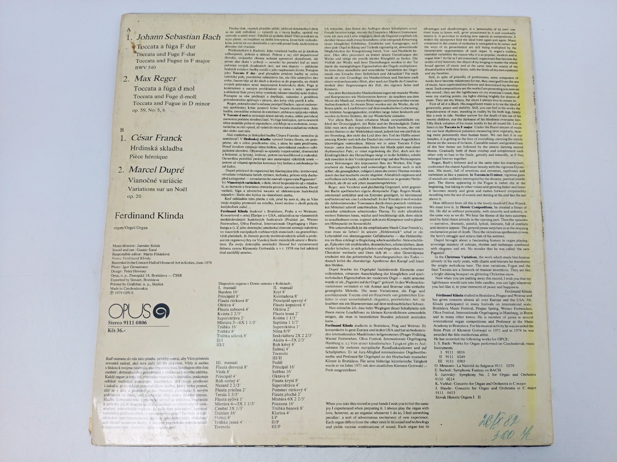 Bach J.S., Reger M., Franck C., Dupre M. Ferdinand Klinda. Виниловая пластинка