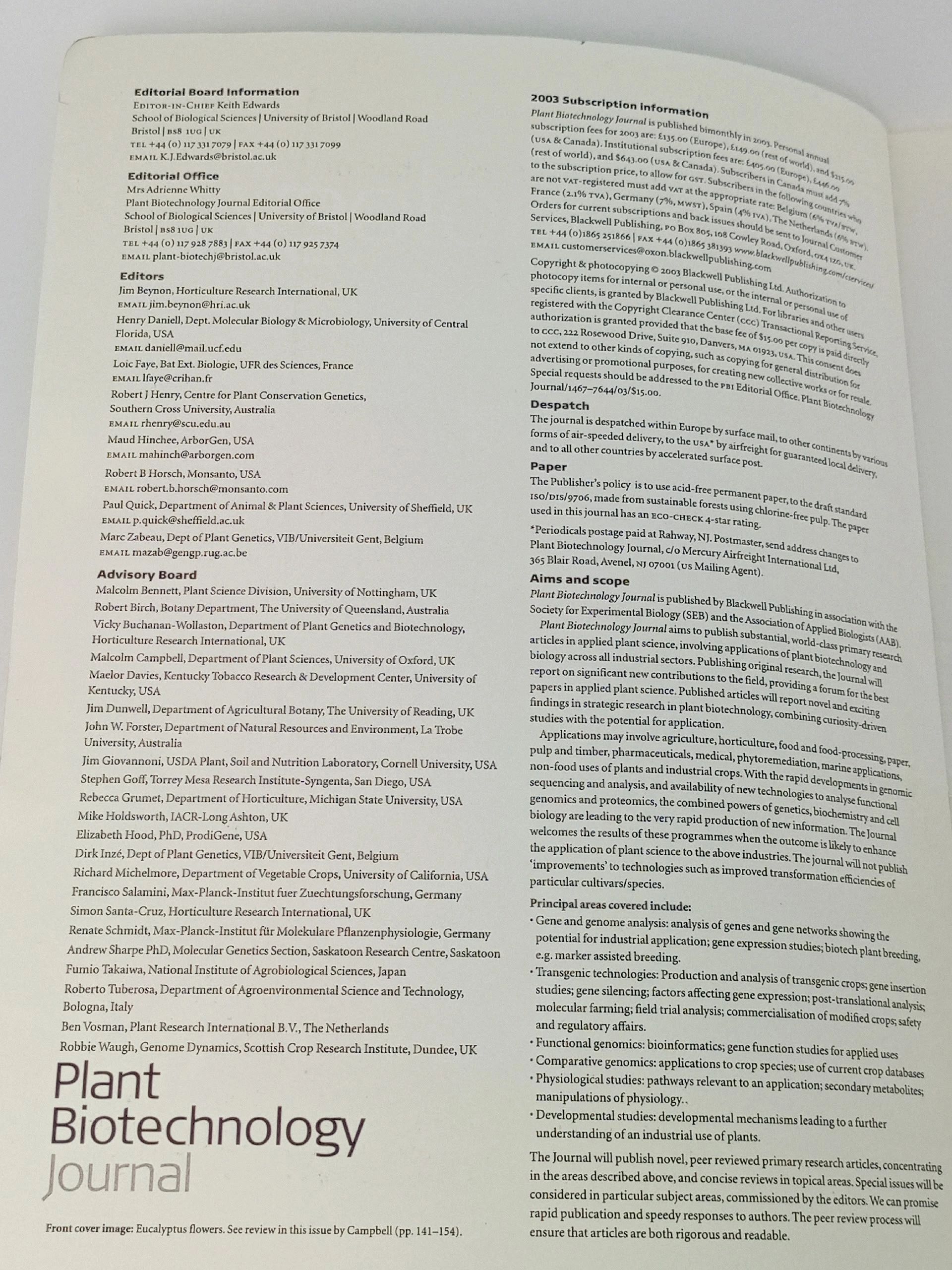 Plant Biotechnology Journal (Volume 1, Issue 3, May 2003)