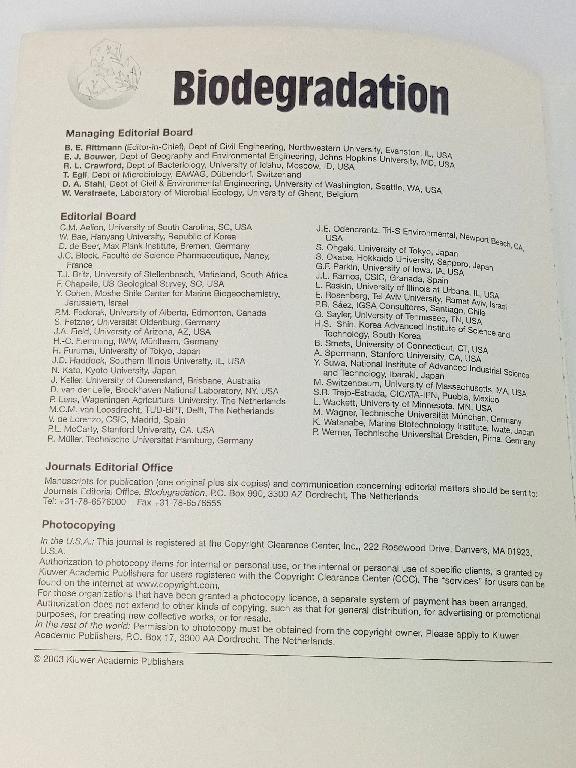 Biodegradation (Том 14, № 1, 2003 г)