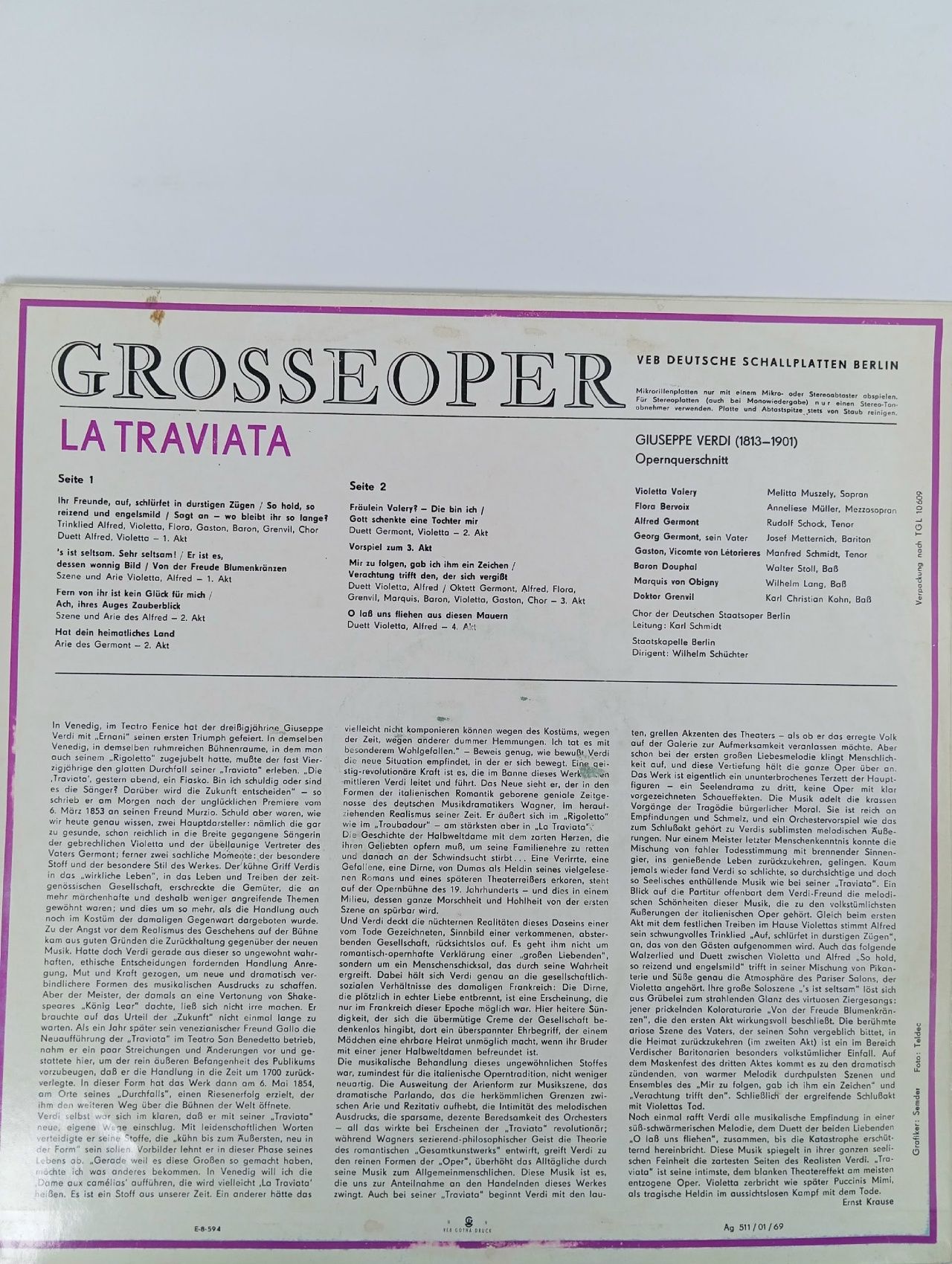 Винтажная виниловая пластинка LP Giuseppe Verdi Верди, Melitta Muszely, Rudolf Schock, Josef Metternich, Chor der Deutschen Staatsoper Berlin La Traviata Травиата