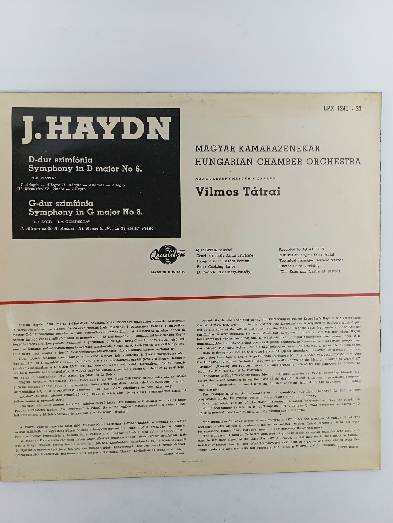 Винтажная виниловая пластинка LP Haydn Гайдн, Hungarian Chamber Orchestra, V. T trai Symphony No. 6, No. 8
