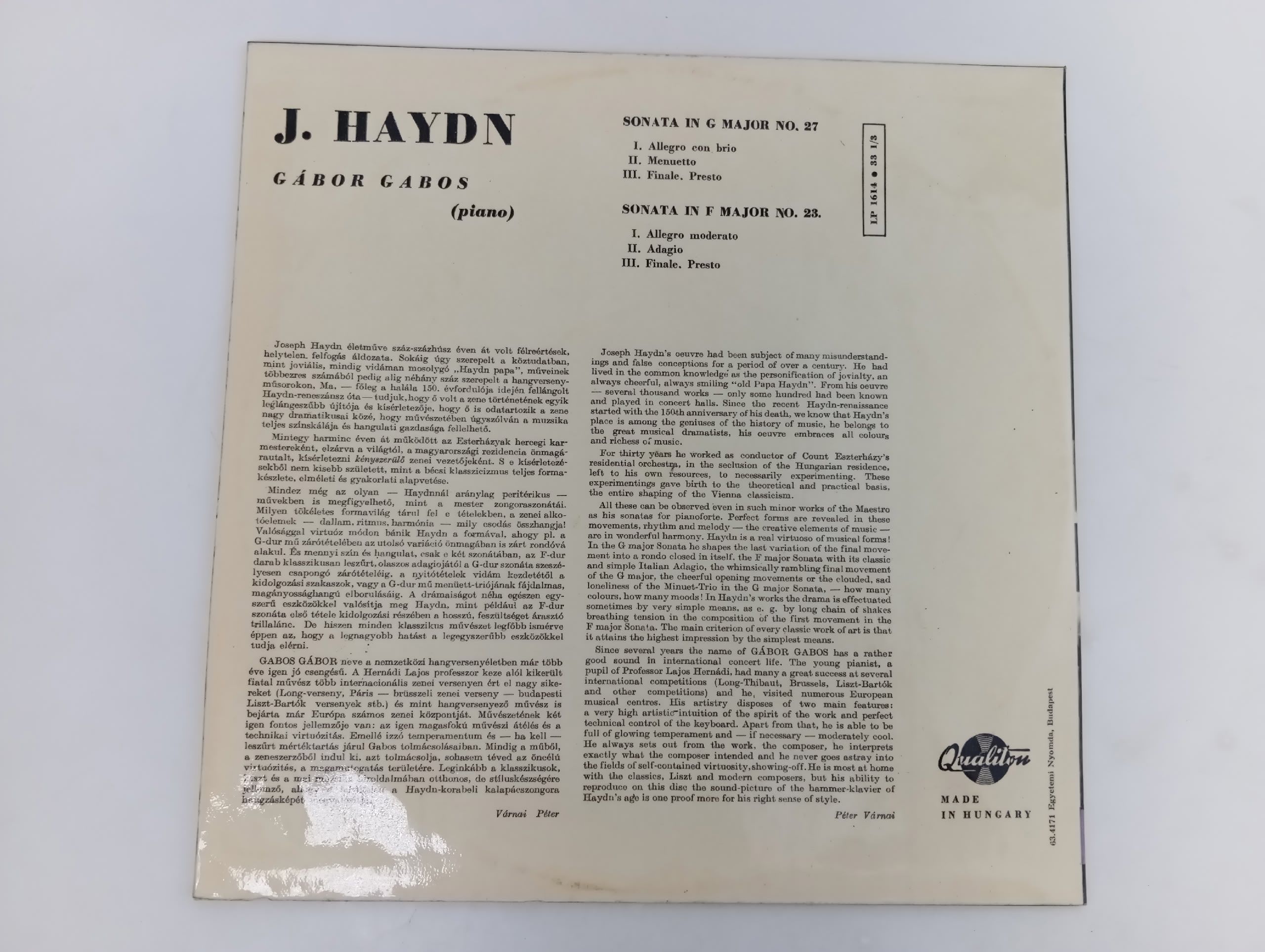 Виниловая пластинка J. Haydn. Gabor Gabos Sonatas
