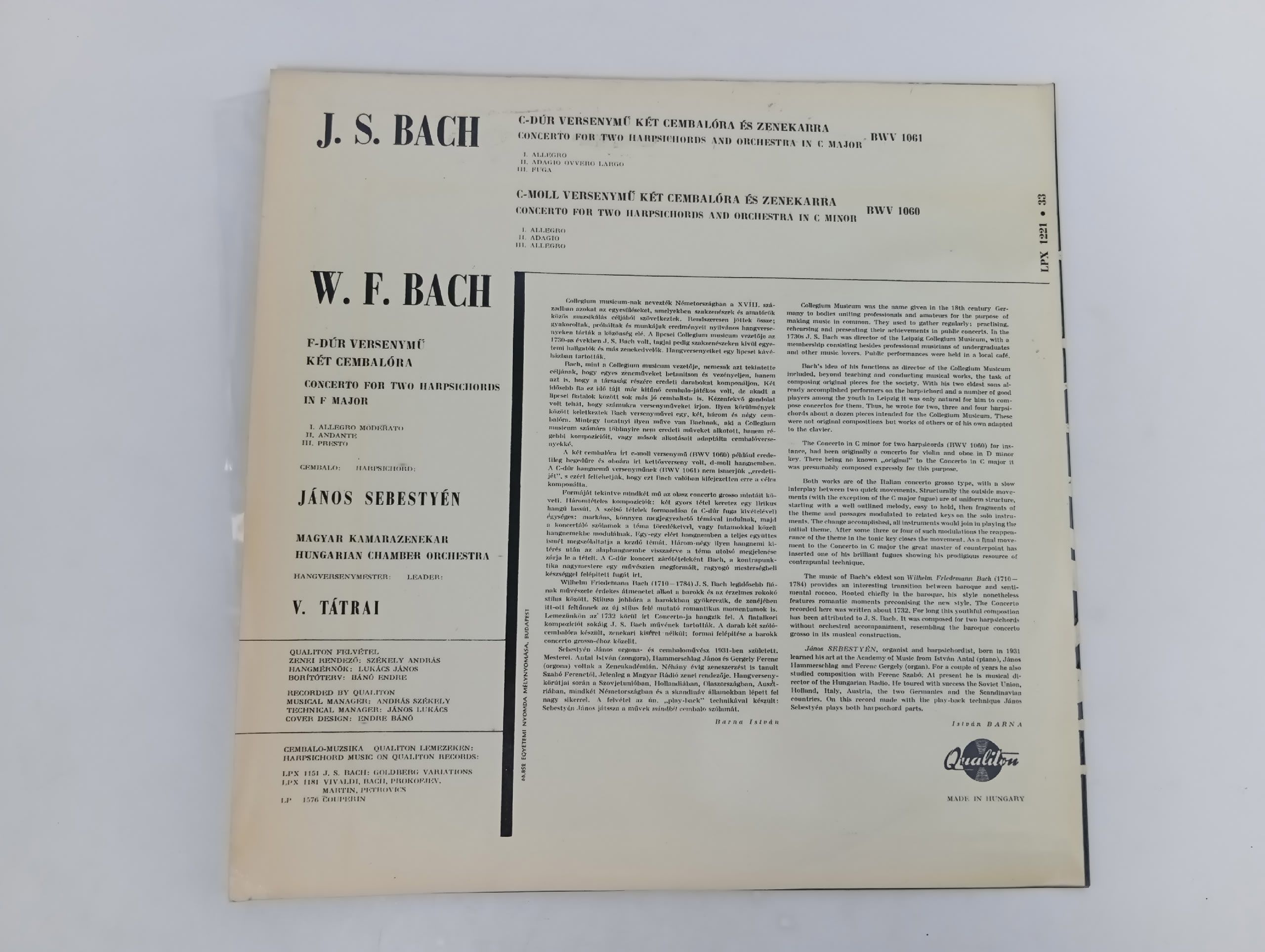 Виниловая пластинка J.S. Bach, W.F. Bach, Janos Sebestyen - Concerti For Two Harpsichords In C-Major. ЕХ