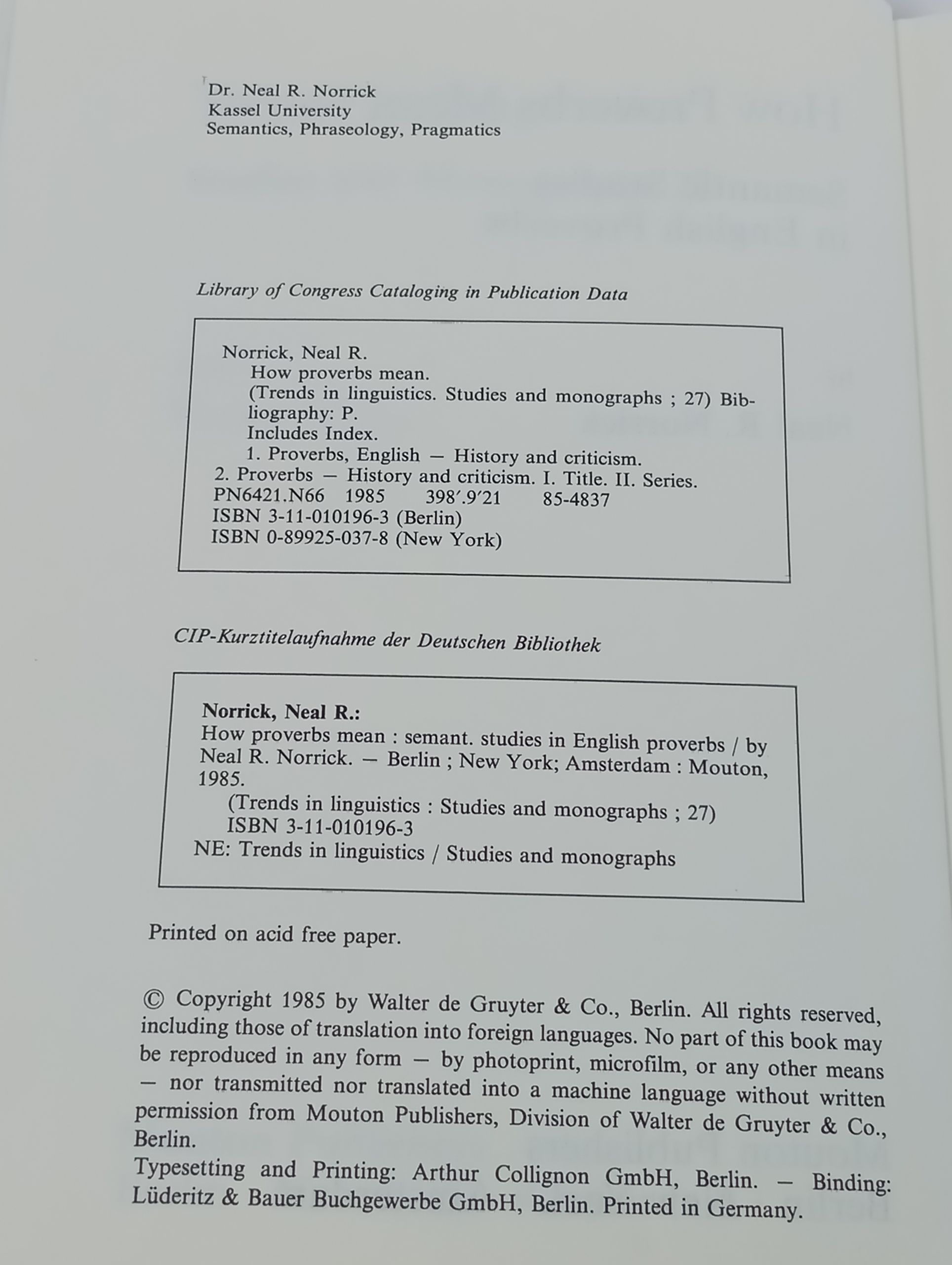 How Proverbs Mean: Semantic Studies in English Proverbs