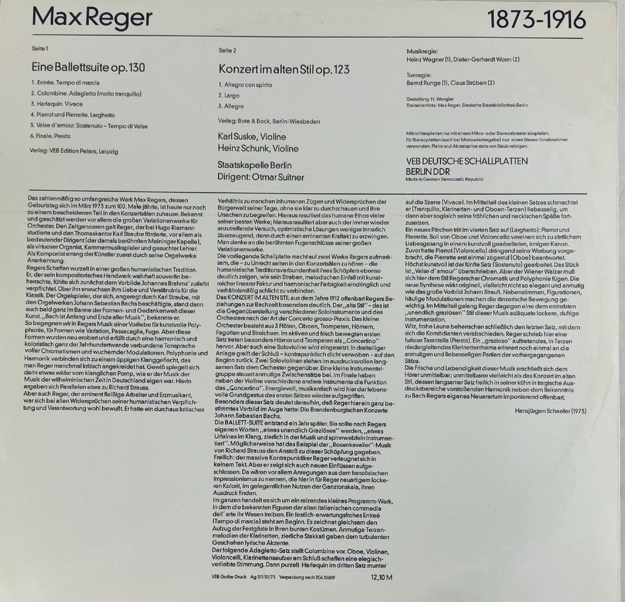 Max Reger, Staatskapelle Berlin, Otmar Suitner - Eine Balletsuite Op. 130 / Konzert Im Alten Stil Op. 123. Виниловая пластинка