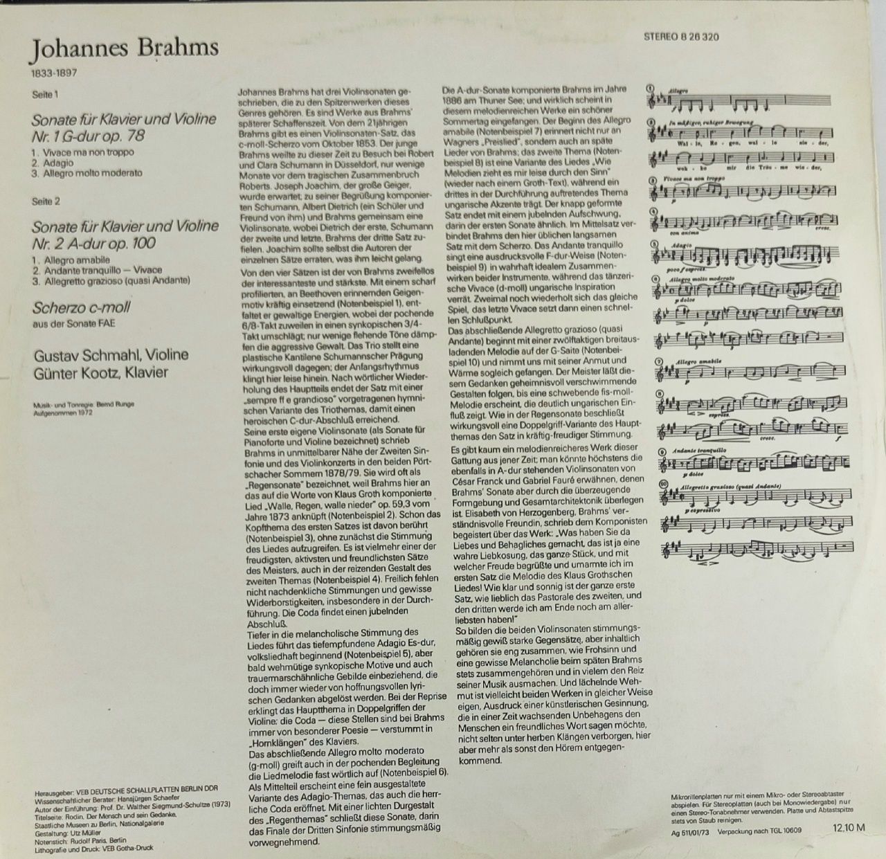 Виниловая пластинка Johannes Brahms - Sonate F r Klavier Und Violine Nr.1, G-Dur Op.78 Sonate F r Klavier Und Violine Nr.2, A-Dur Op.100, Scherzo C-Moll